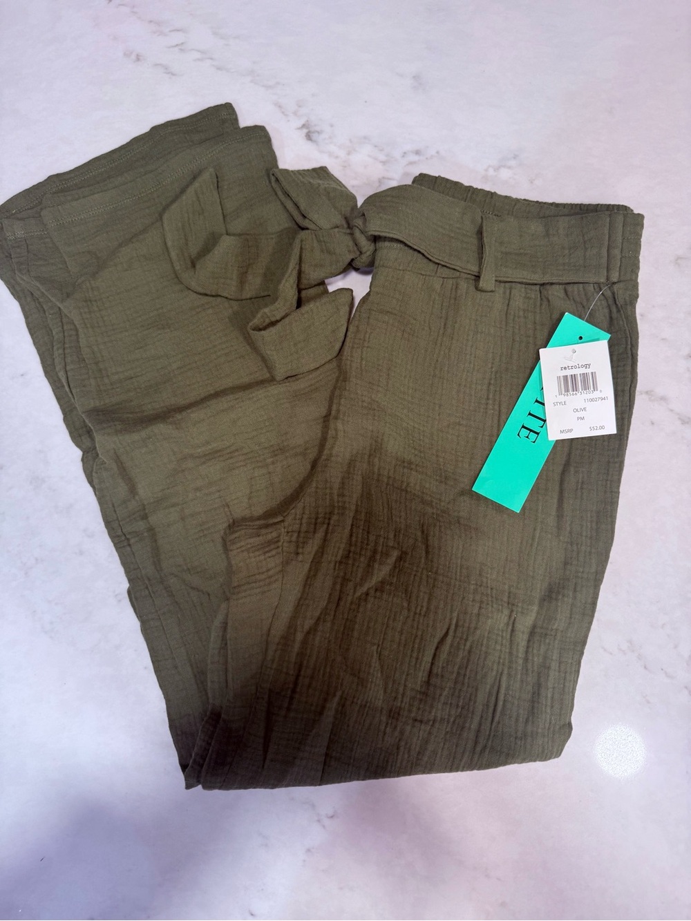 Olive Green Wide-Leg Paperbag Pants with Tie Waist